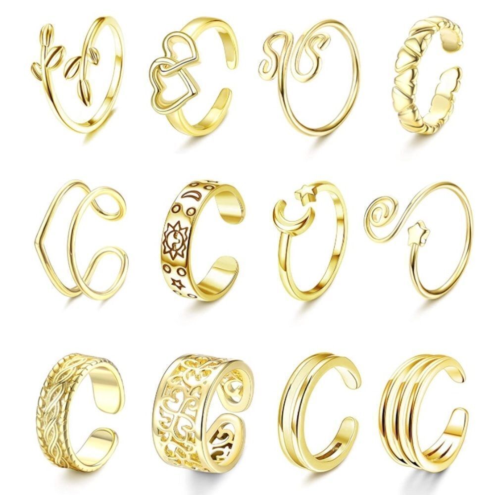 14K Yellow Gold Adjustable Boho Open Toe Rings - Set of 12